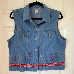 Vtg Stonebridge Denim Vest Womens Collar Embroidered Cottage Floral Sz L Teacher